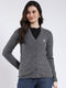 Women Grey Self Design V Neck Full Sleeve Cardigan
