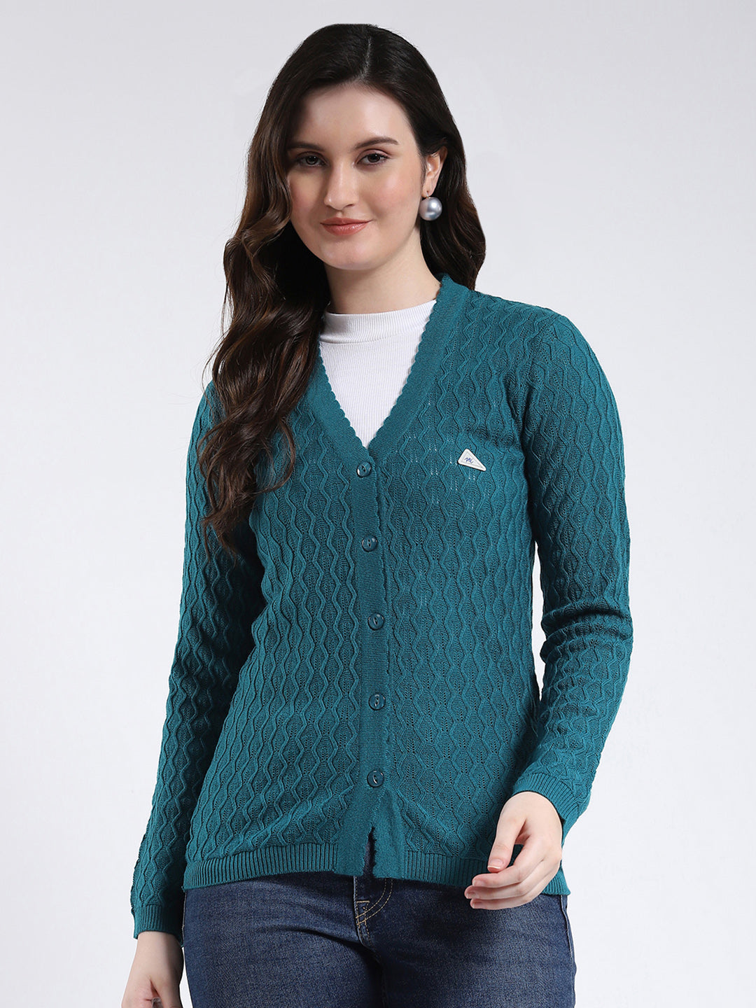 Women Teal Blue Self Design V Neck Full Sleeve Cardigan
