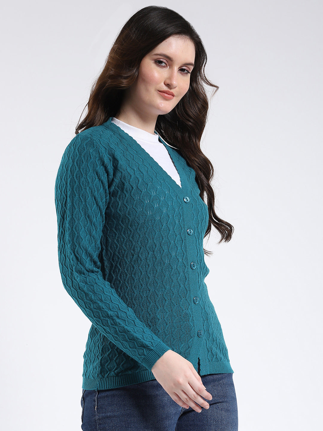 Women Teal Blue Self Design V Neck Full Sleeve Cardigan