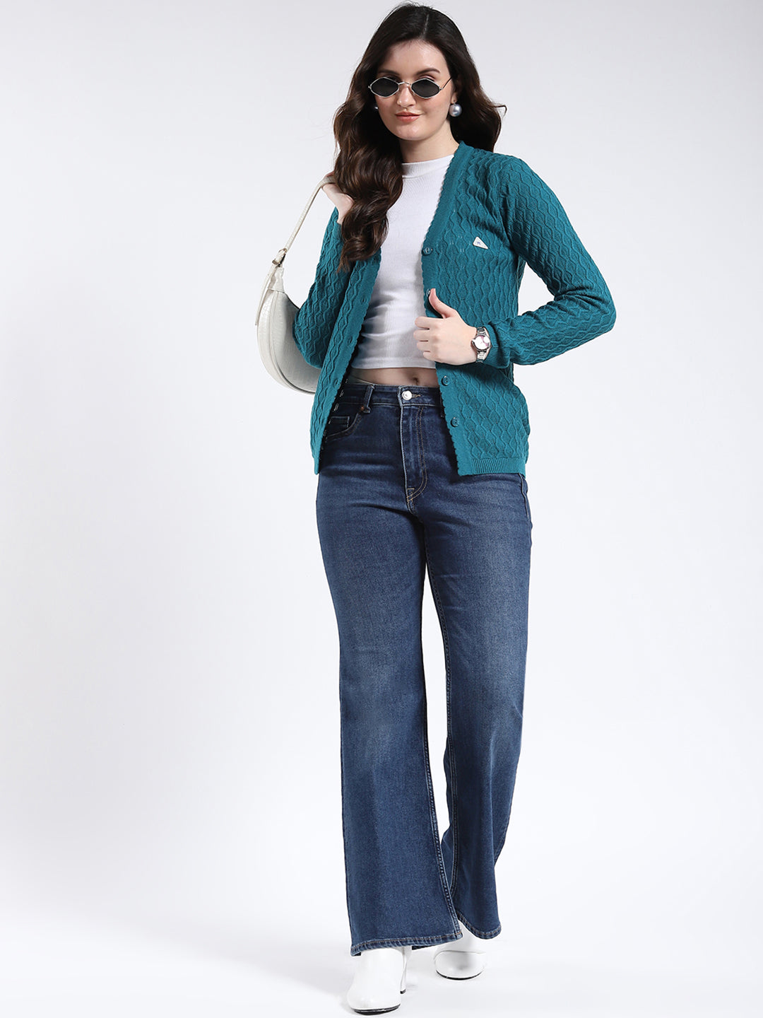 Women Teal Blue Self Design V Neck Full Sleeve Cardigan