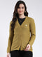 Women Mustard Self Design V Neck Full Sleeve Cardigan