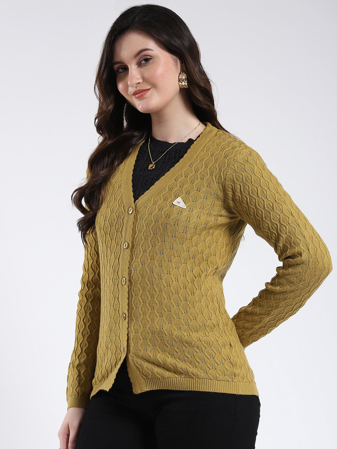 Women Mustard Self Design V Neck Full Sleeve Cardigan