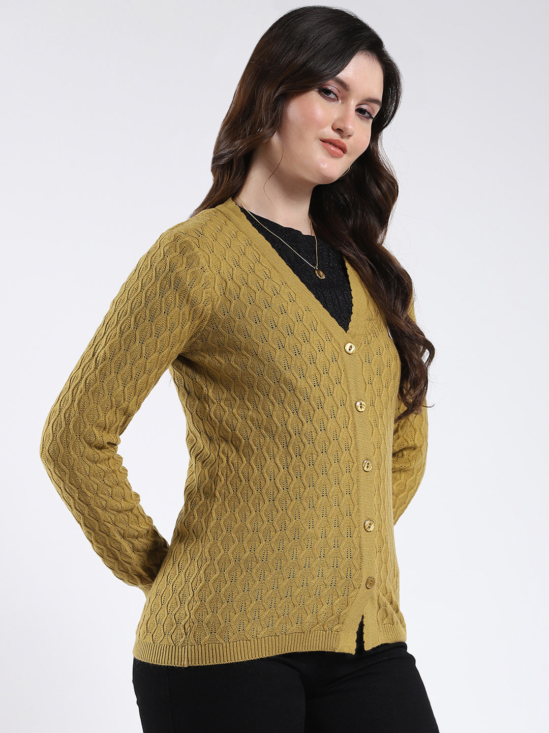 Women Mustard Self Design V Neck Full Sleeve Cardigan