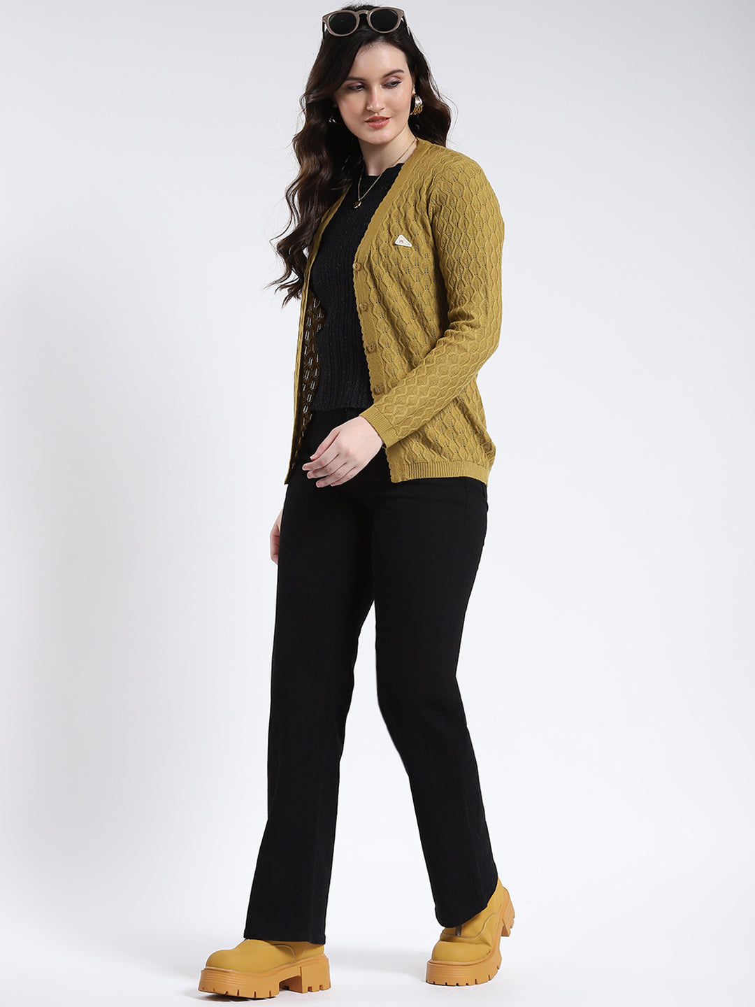 Women Mustard Self Design V Neck Full Sleeve Cardigan