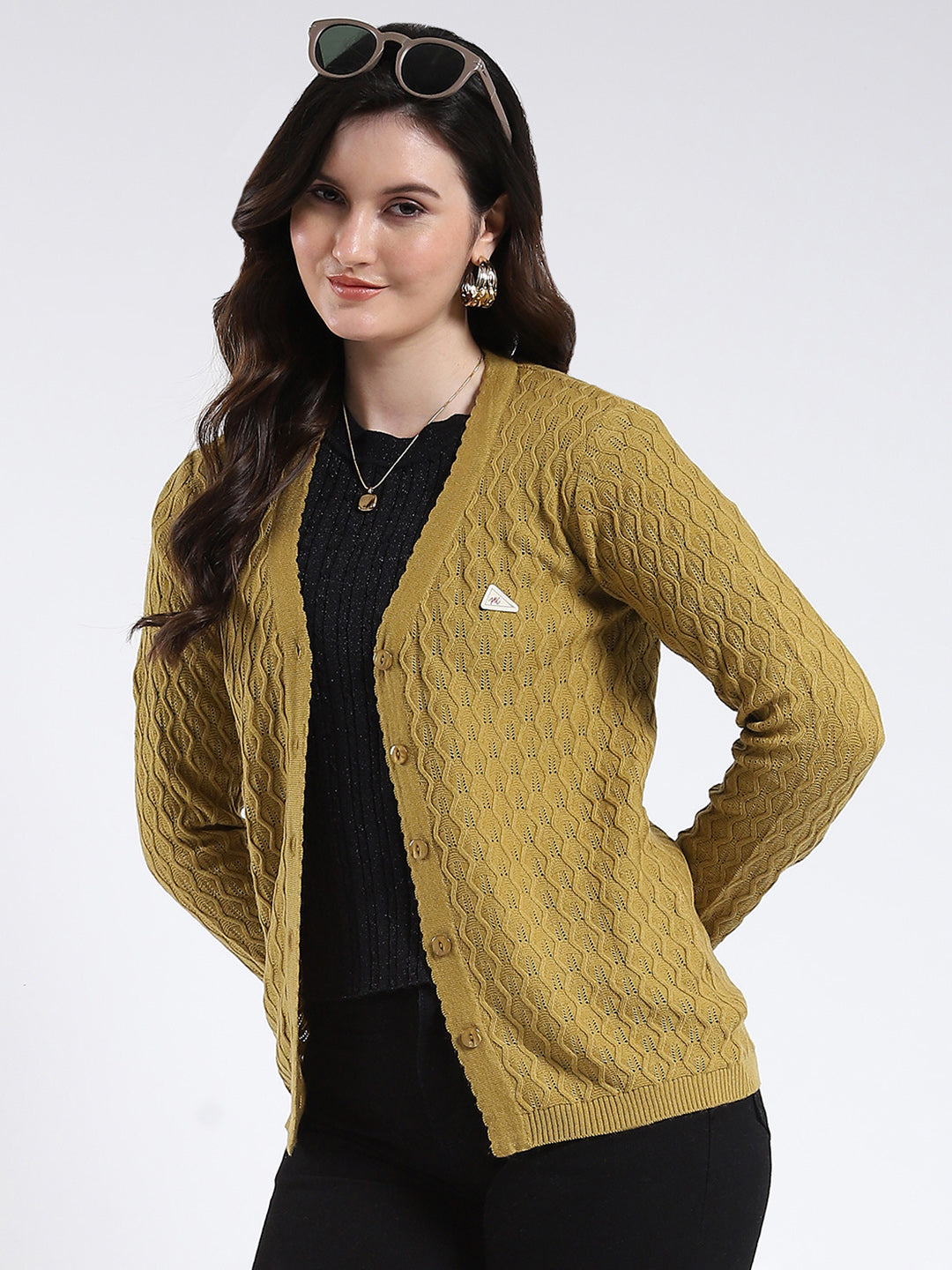 Women Mustard Self Design V Neck Full Sleeve Cardigan