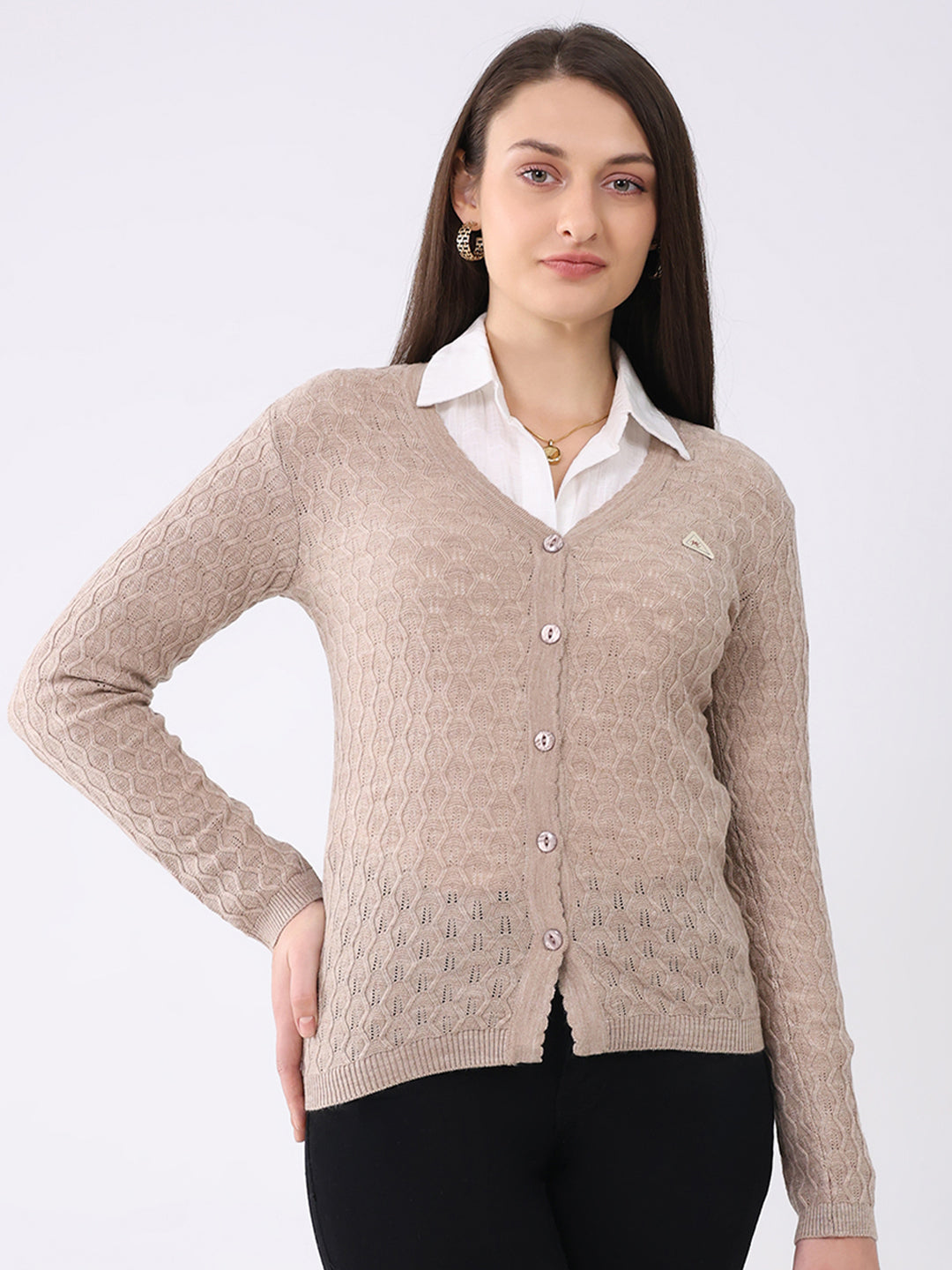 Women Beige Solid V Neck Full Sleeve Cardigan