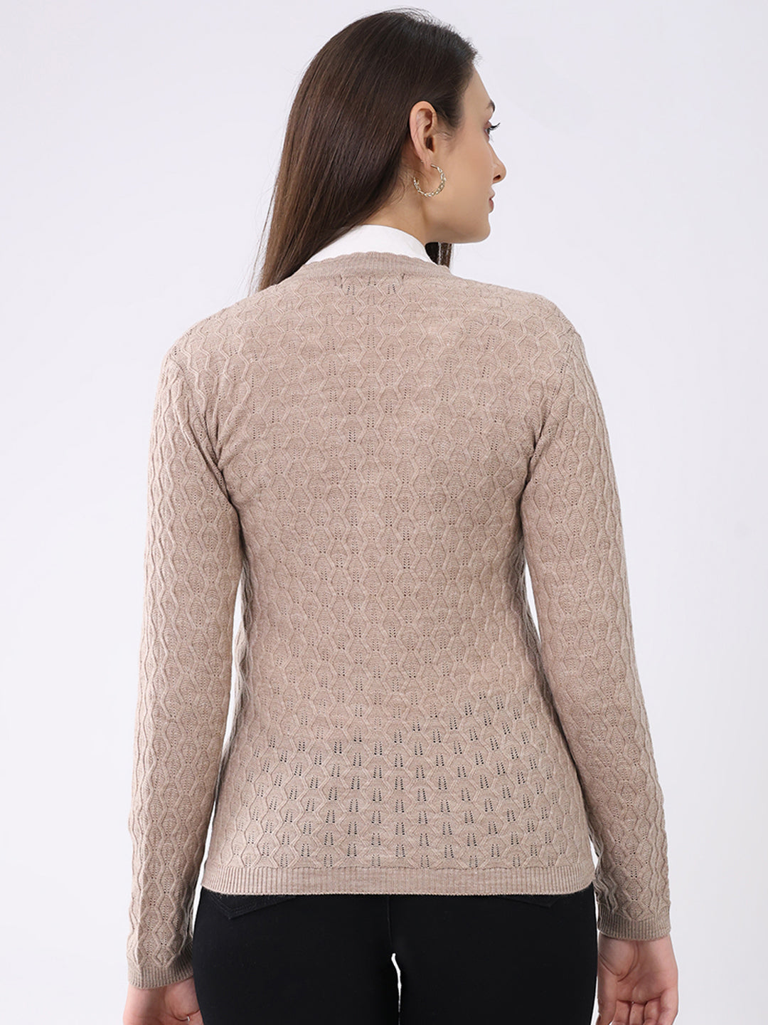 Women Beige Solid V Neck Full Sleeve Cardigan