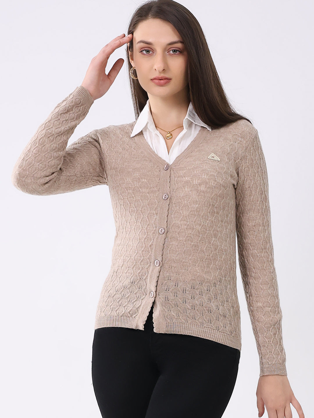 Women Beige Solid V Neck Full Sleeve Cardigan