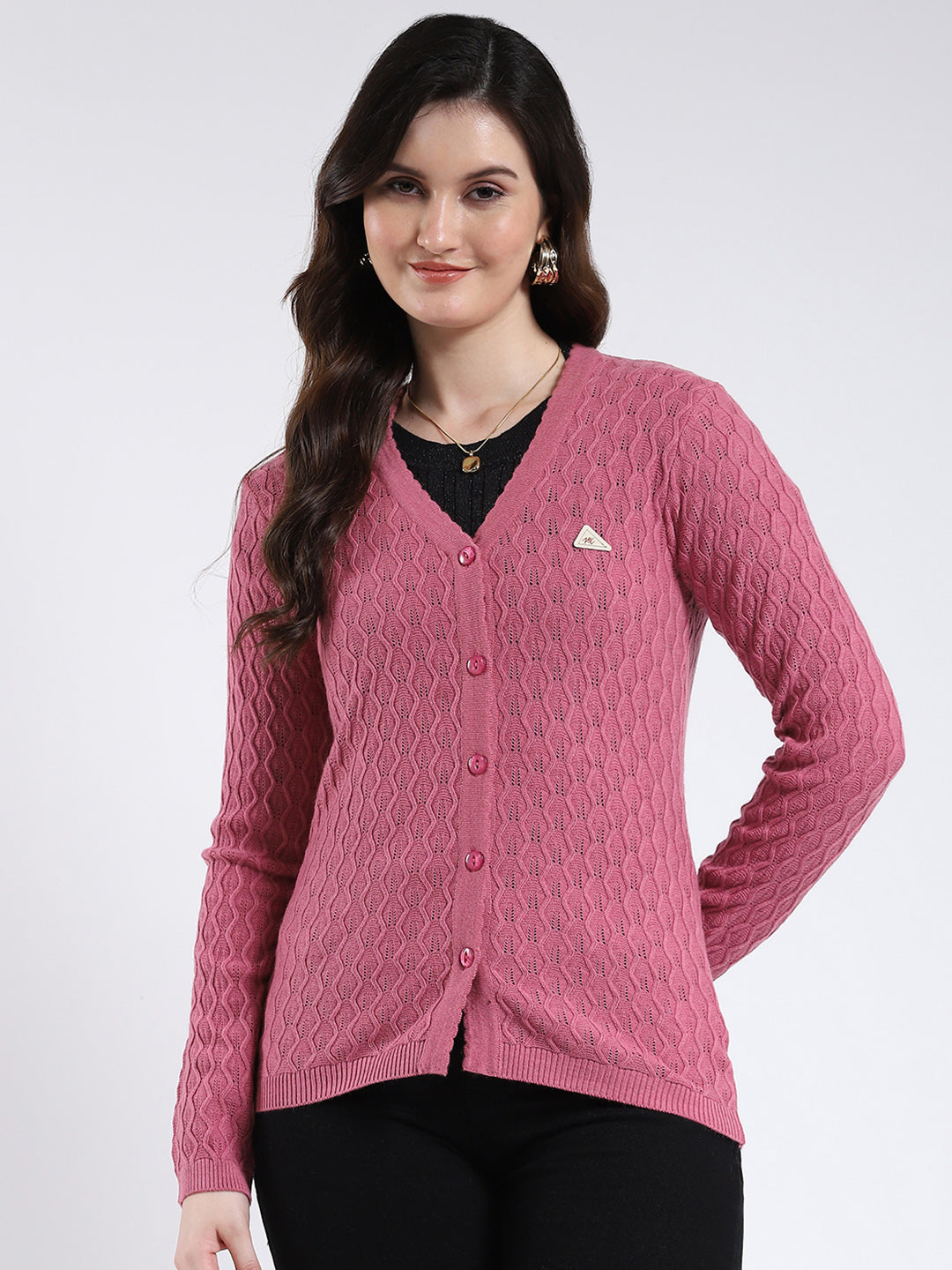 Women Pink Self Design V Neck Full Sleeve Cardigan
