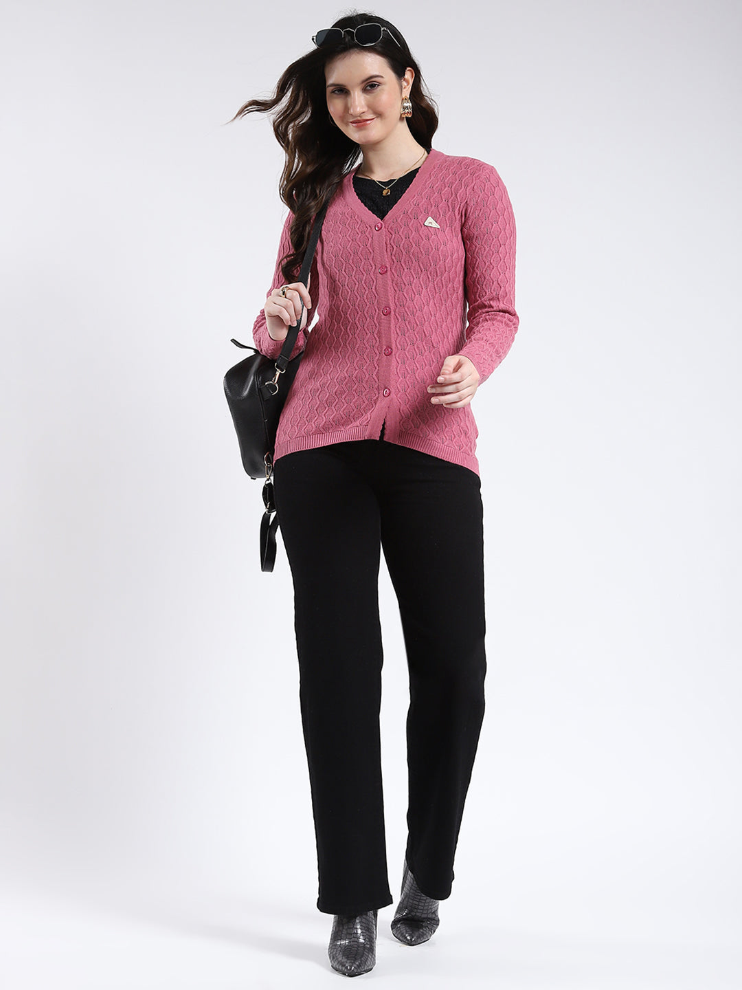Women Pink Self Design V Neck Full Sleeve Cardigan