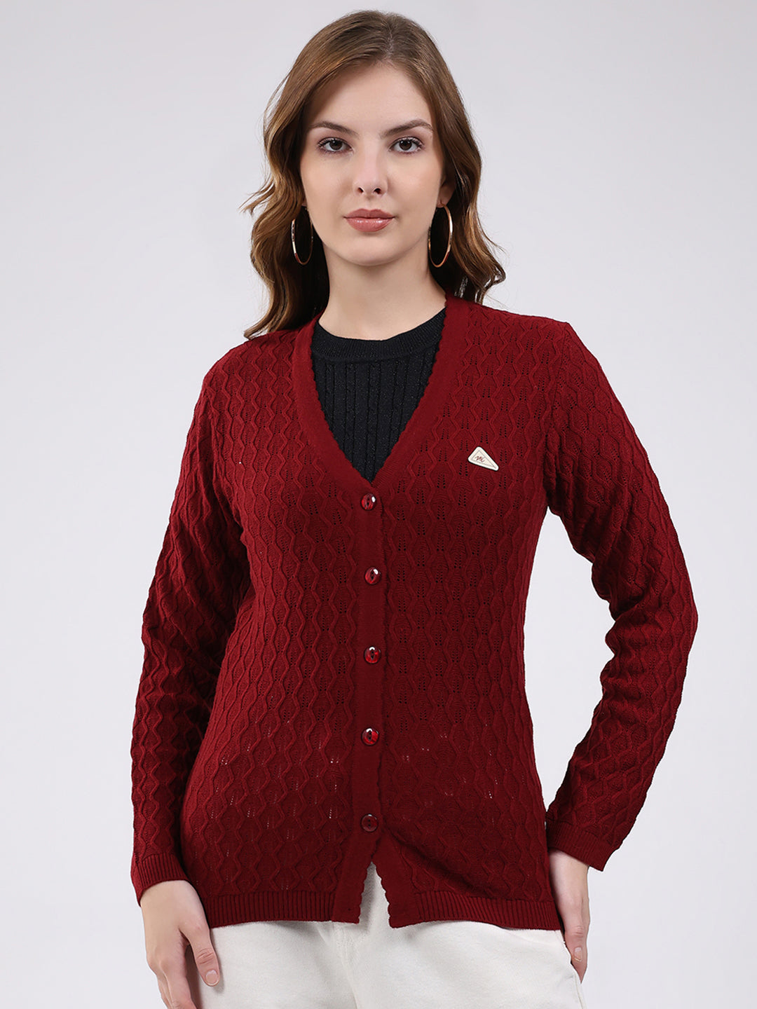 Women Maroon Self Design V Neck Full Sleeve Cardigan