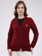 Women Maroon Self Design V Neck Full Sleeve Cardigan