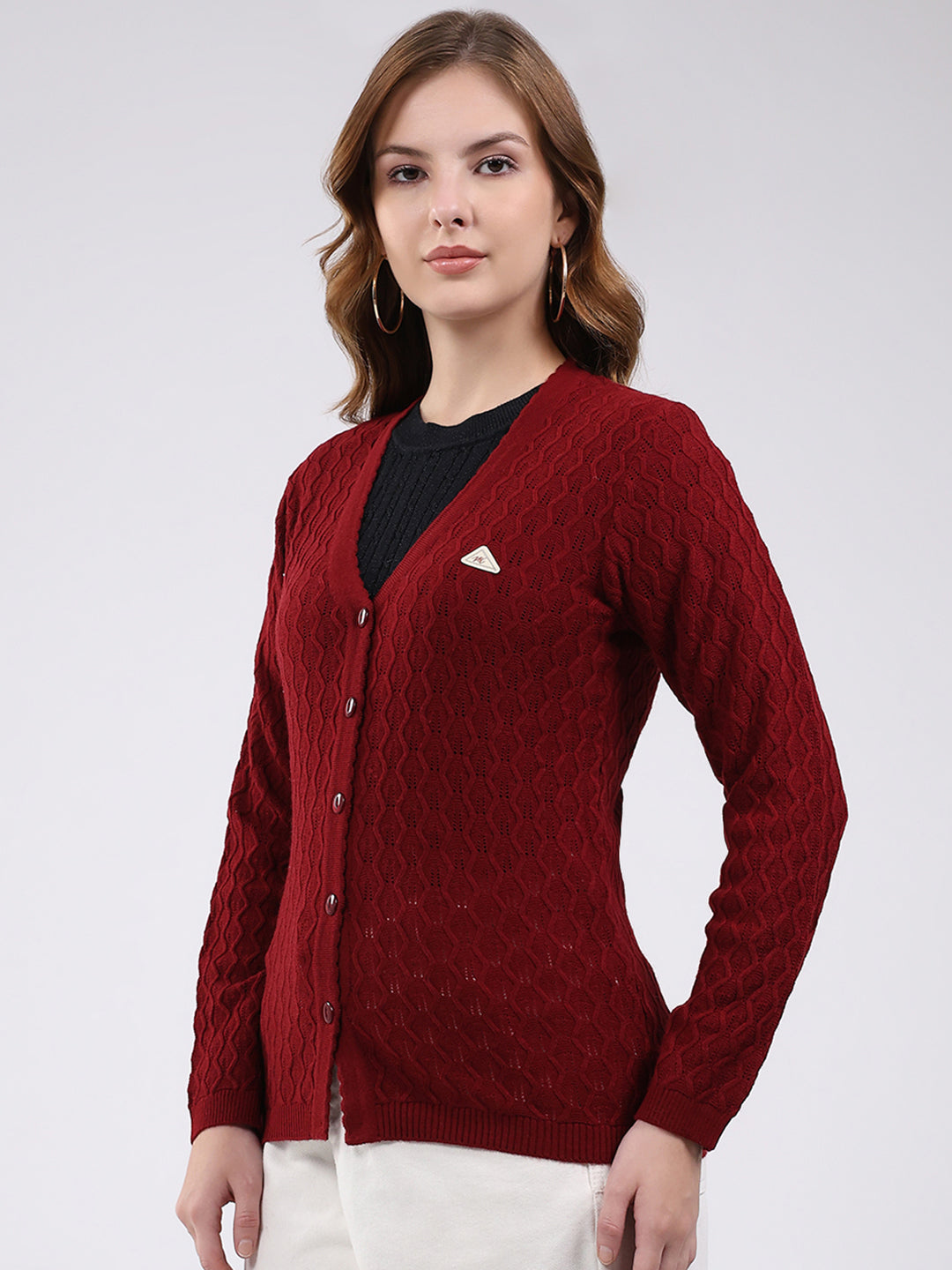 Women Maroon Self Design V Neck Full Sleeve Cardigan