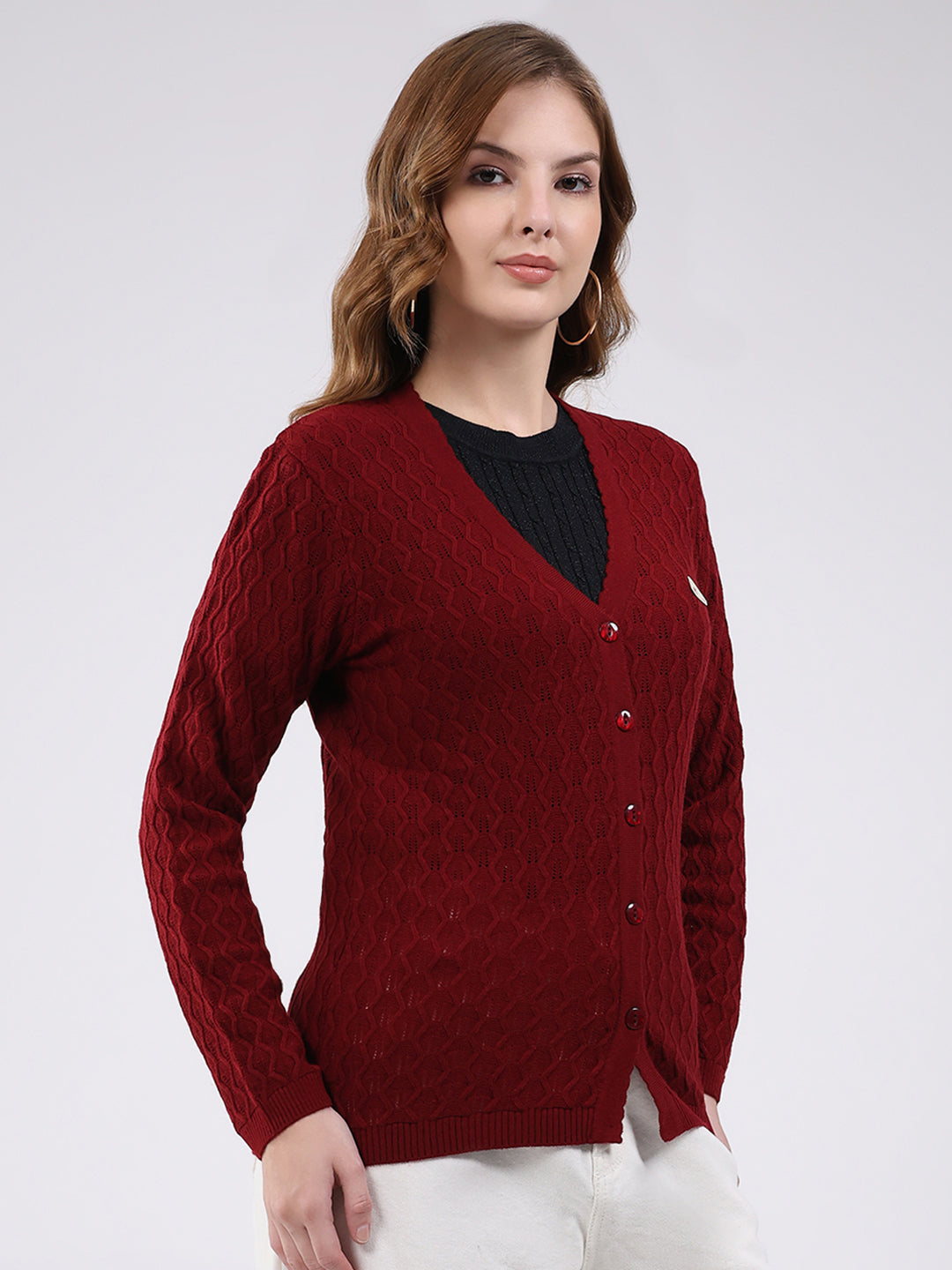 Women Maroon Self Design V Neck Full Sleeve Cardigan