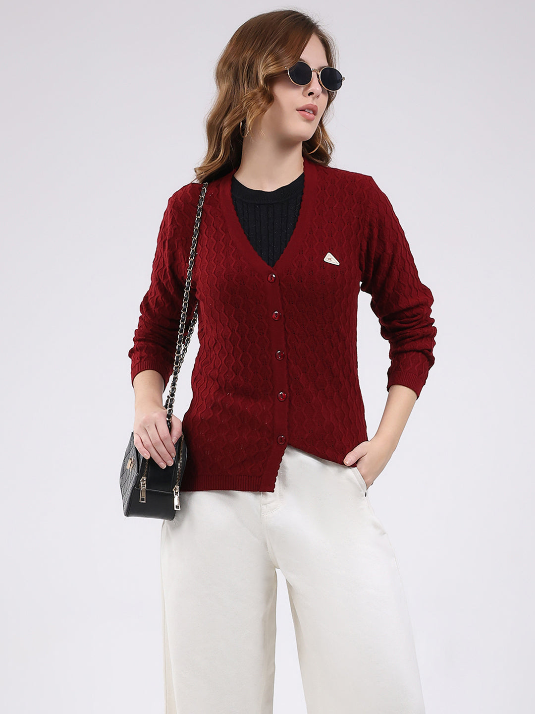 Women Maroon Self Design V Neck Full Sleeve Cardigan
