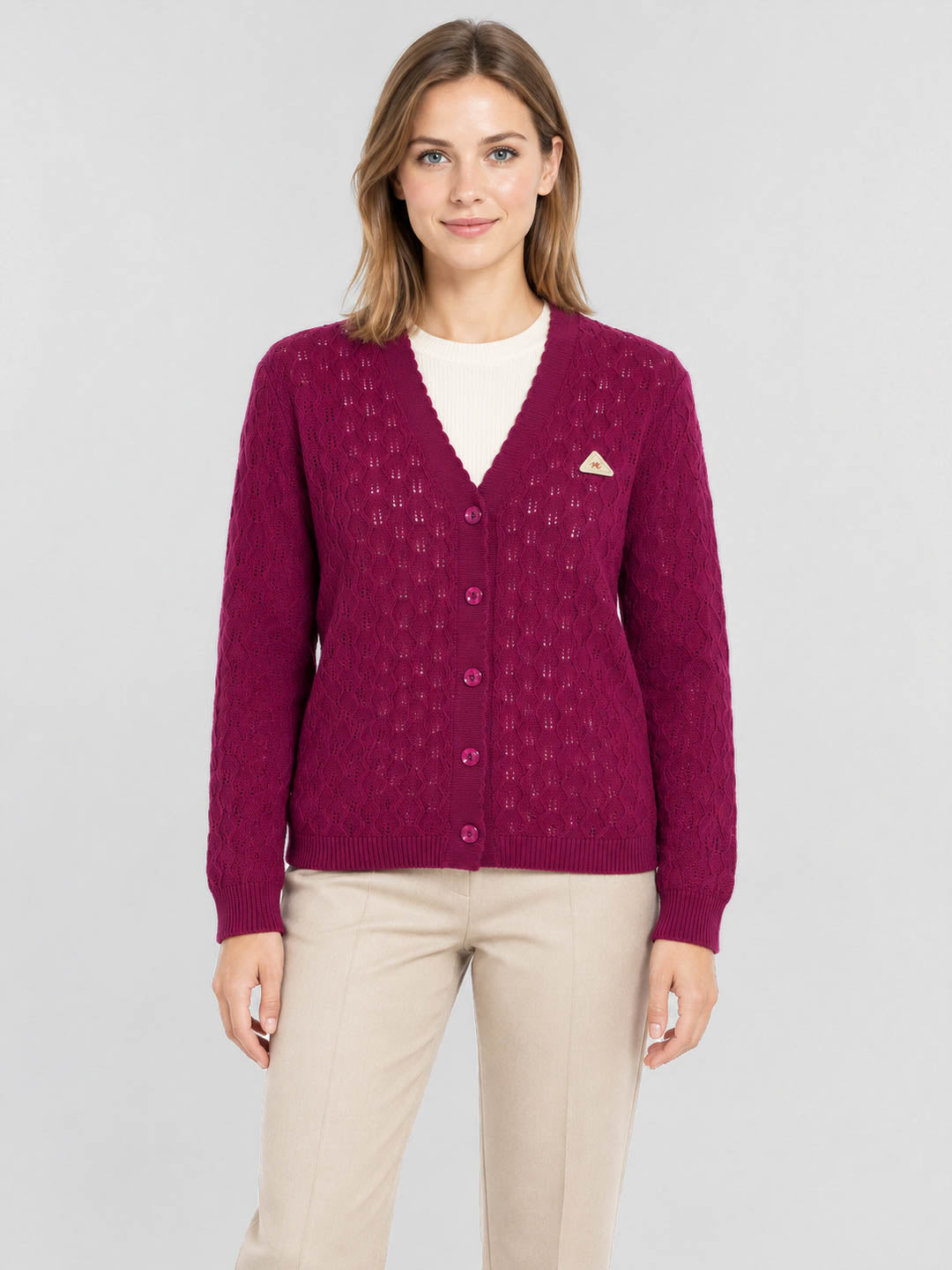 Women Magenta Self Design V Neck Full Sleeve Cardigan