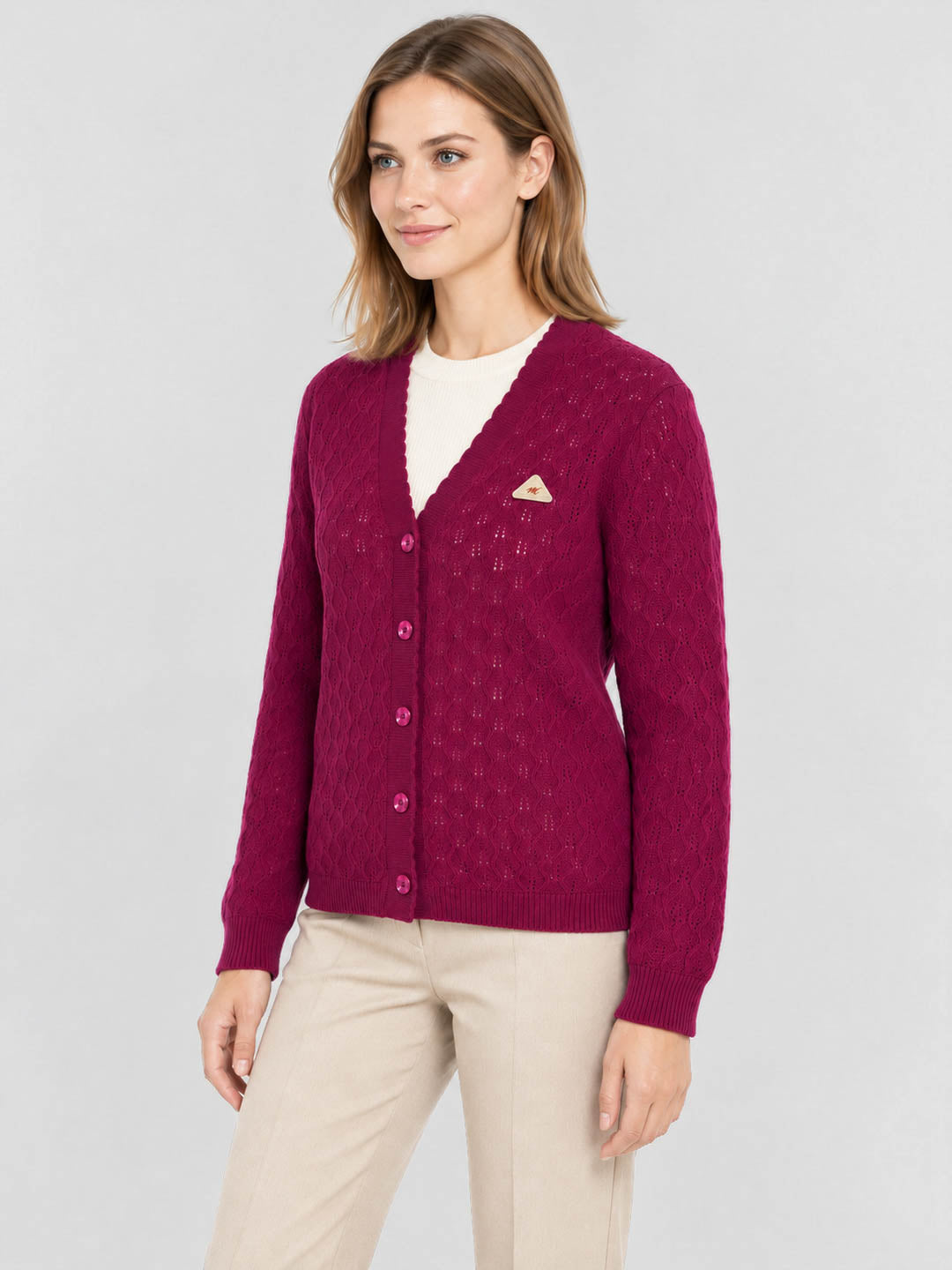 Women Magenta Self Design V Neck Full Sleeve Cardigan