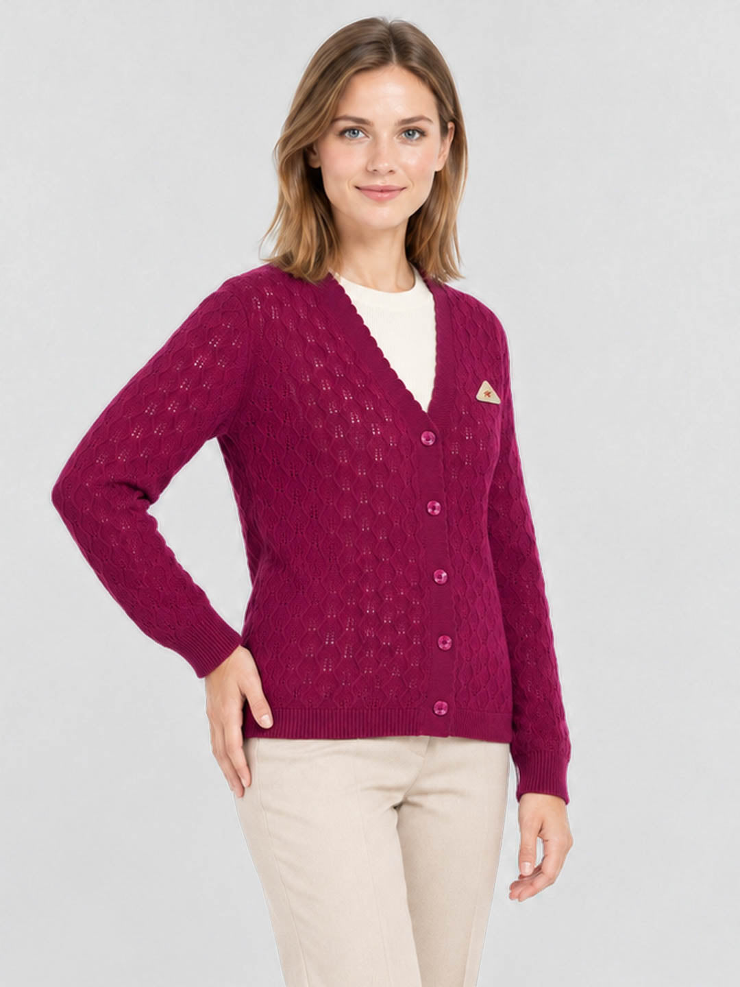 Women Magenta Self Design V Neck Full Sleeve Cardigan