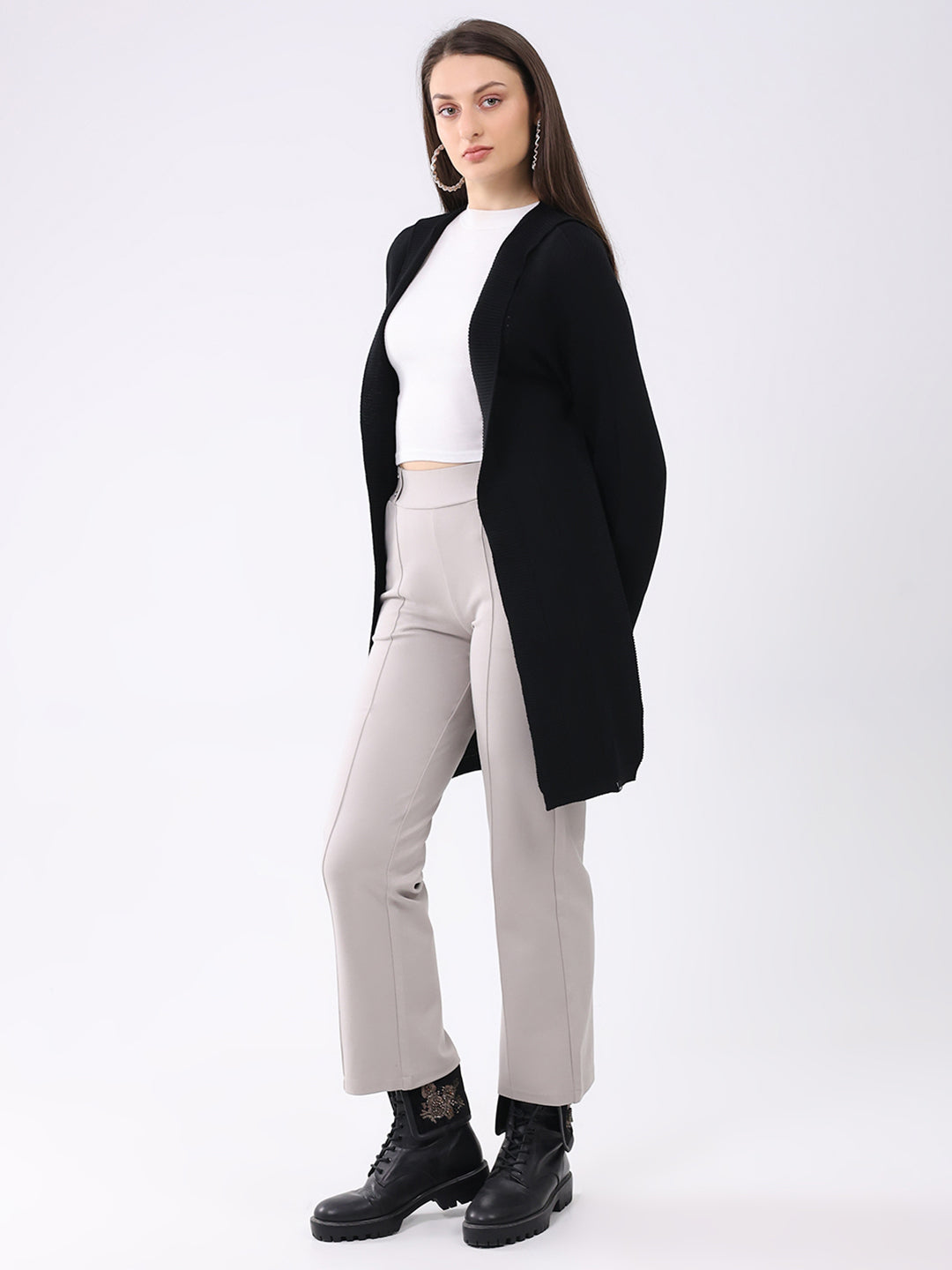 Women Black Solid Front Open Full Sleeve Cardigan
