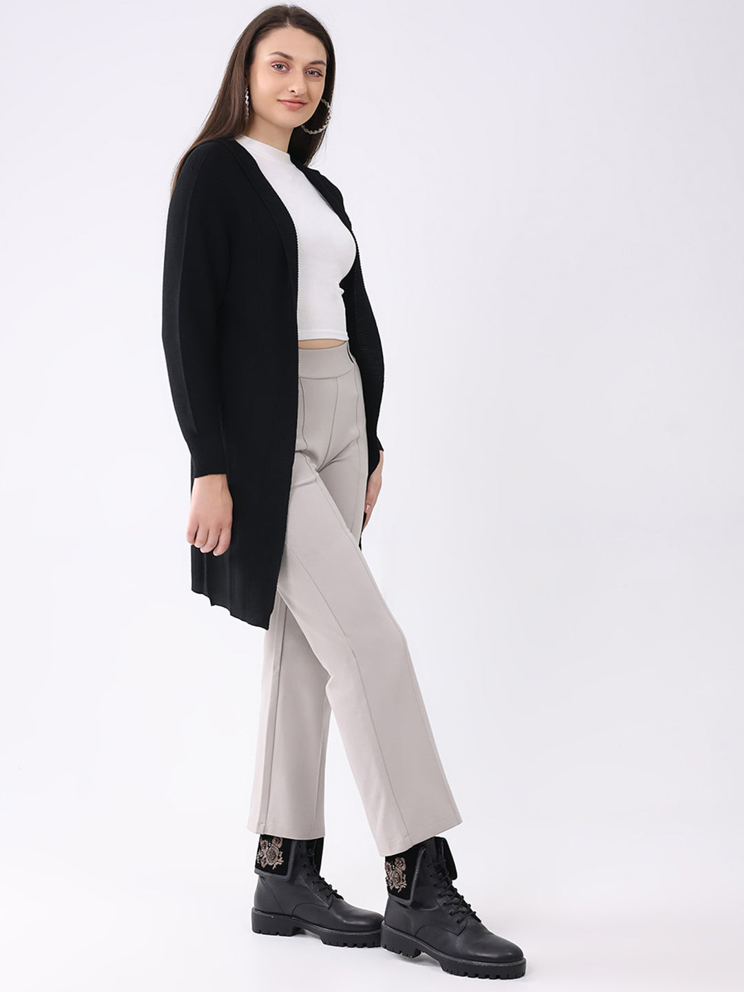 Women Black Solid Front Open Full Sleeve Cardigan