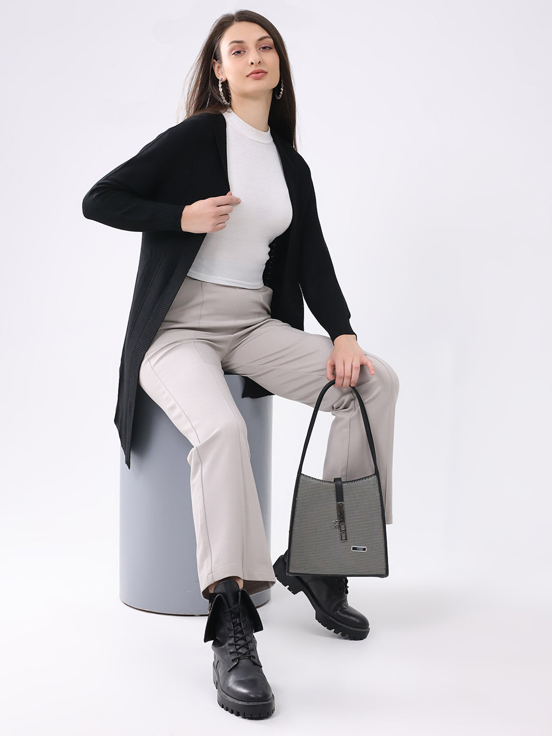 Women Black Solid Front Open Full Sleeve Cardigan