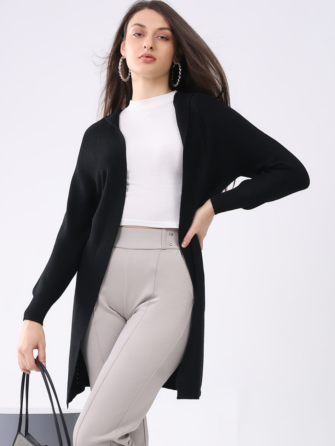 Women Black Solid Front Open Full Sleeve Cardigan