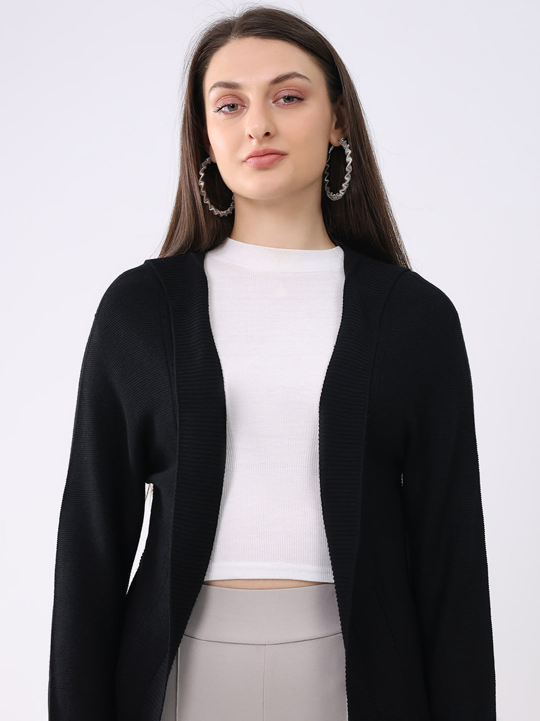 Women Black Solid Front Open Full Sleeve Cardigan