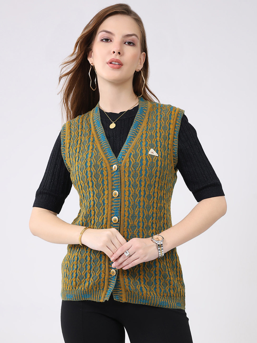 Women Mustard Self Design V Neck Sleeveless Cardigan