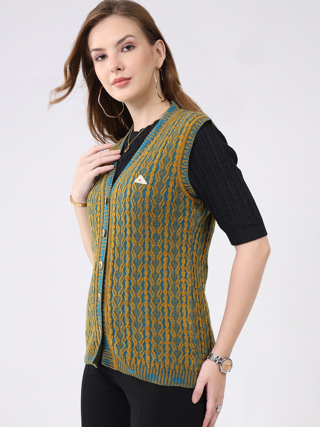 Women Mustard Self Design V Neck Sleeveless Cardigan