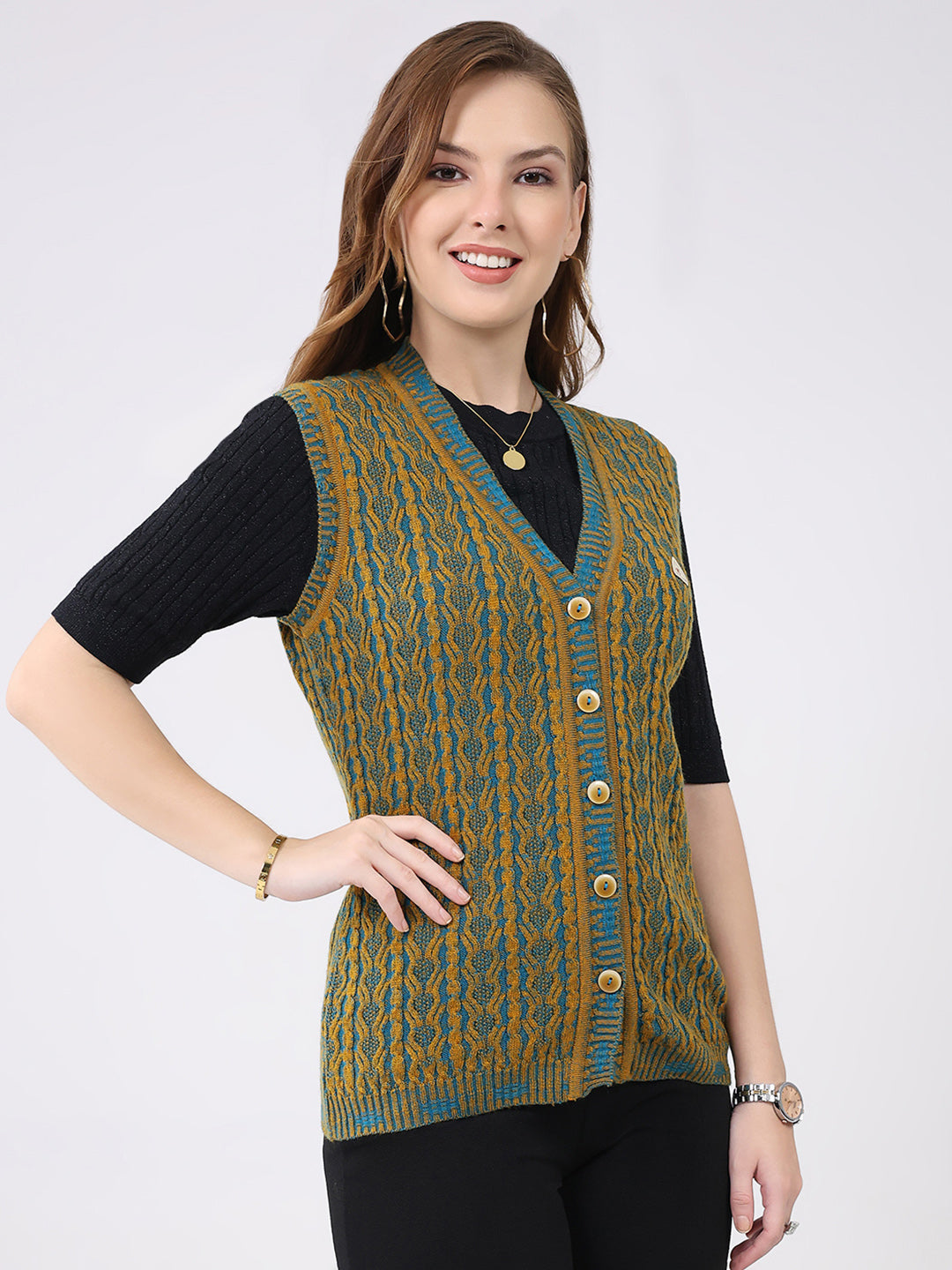 Women Mustard Self Design V Neck Sleeveless Cardigan
