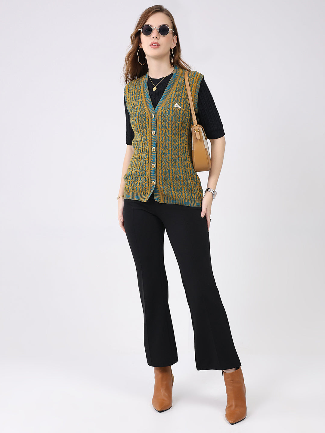 Women Mustard Self Design V Neck Sleeveless Cardigan