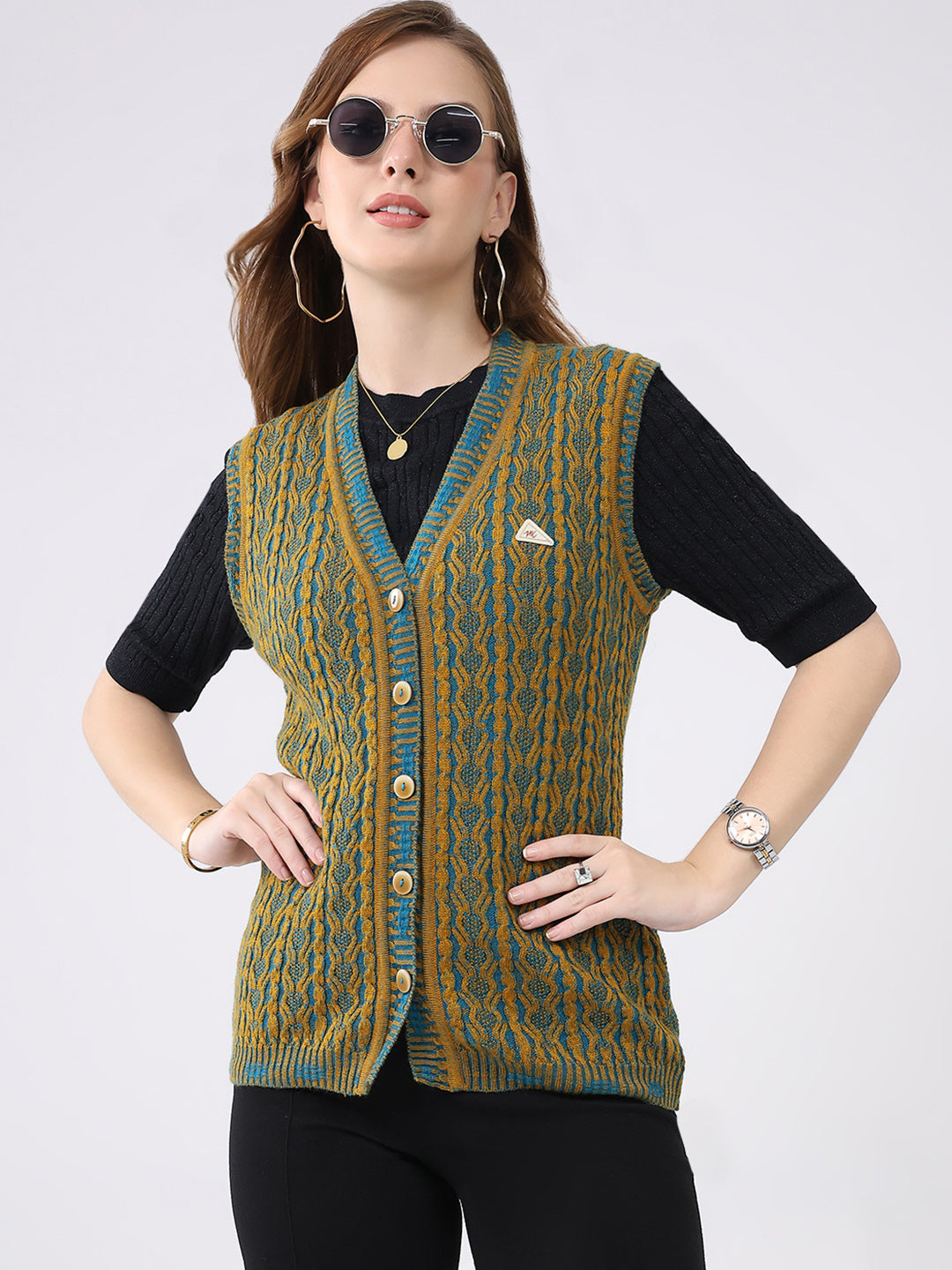 Women Mustard Self Design V Neck Sleeveless Cardigan
