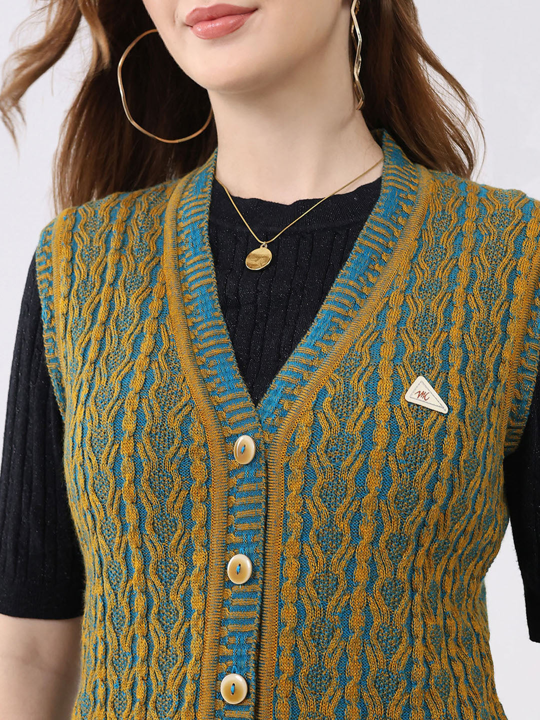 Women Mustard Self Design V Neck Sleeveless Cardigan