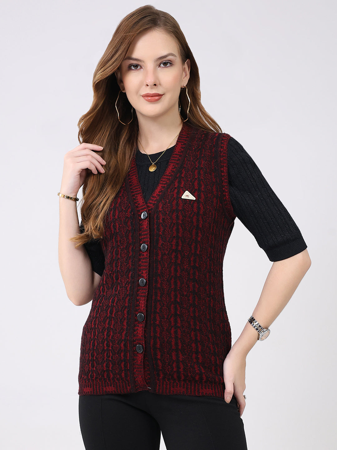 Women Maroon Self Design V Neck Sleeveless Cardigan