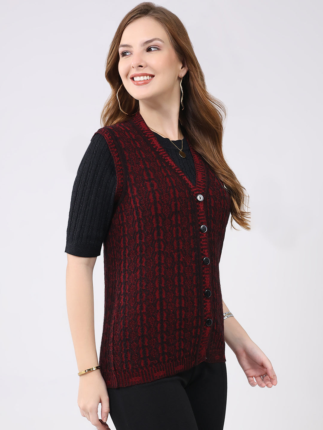 Women Maroon Self Design V Neck Sleeveless Cardigan