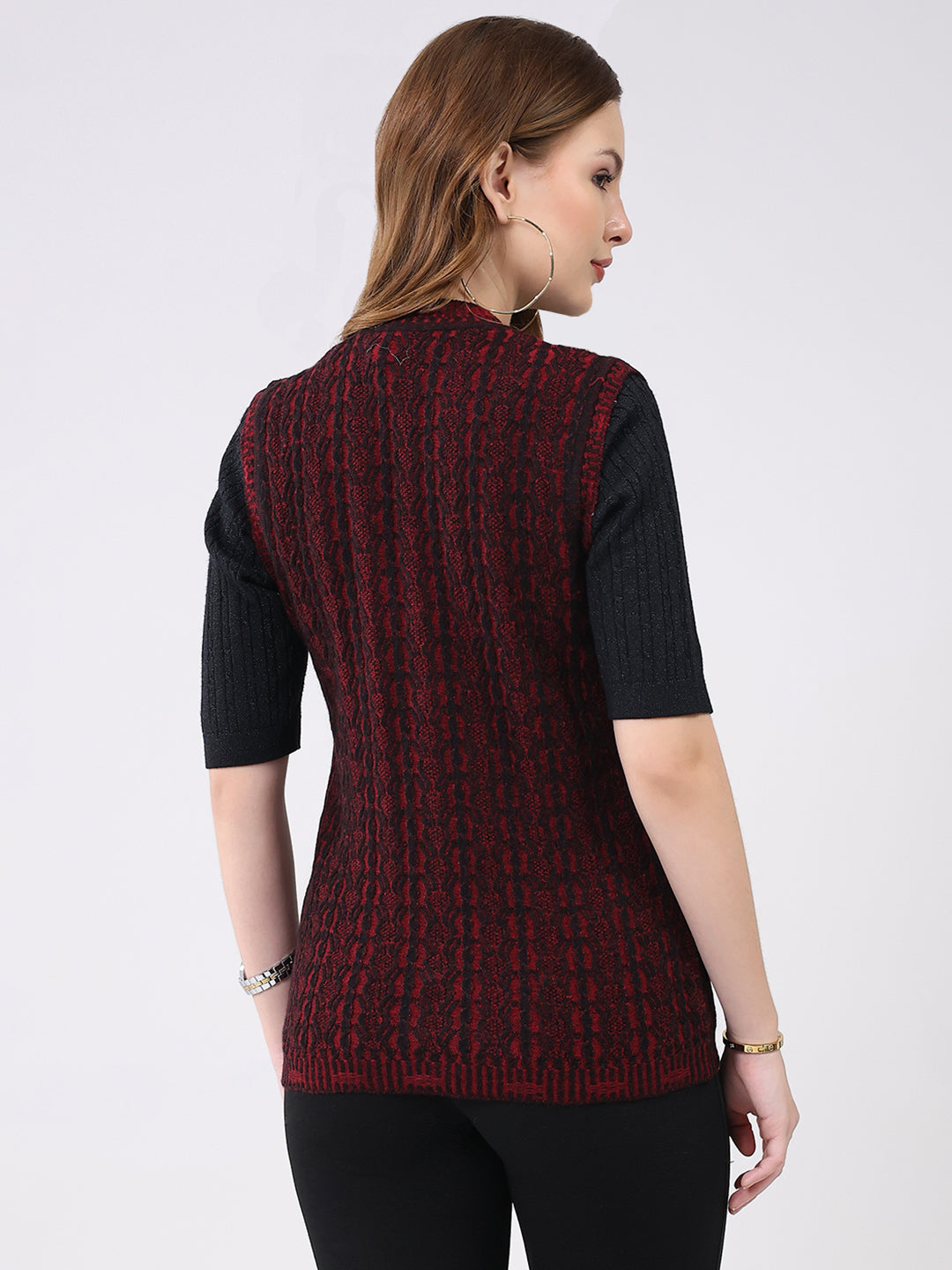 Women Maroon Self Design V Neck Sleeveless Cardigan