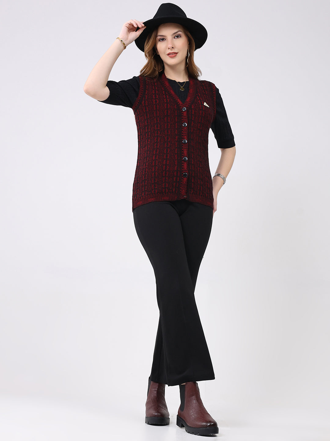 Women Maroon Self Design V Neck Sleeveless Cardigan