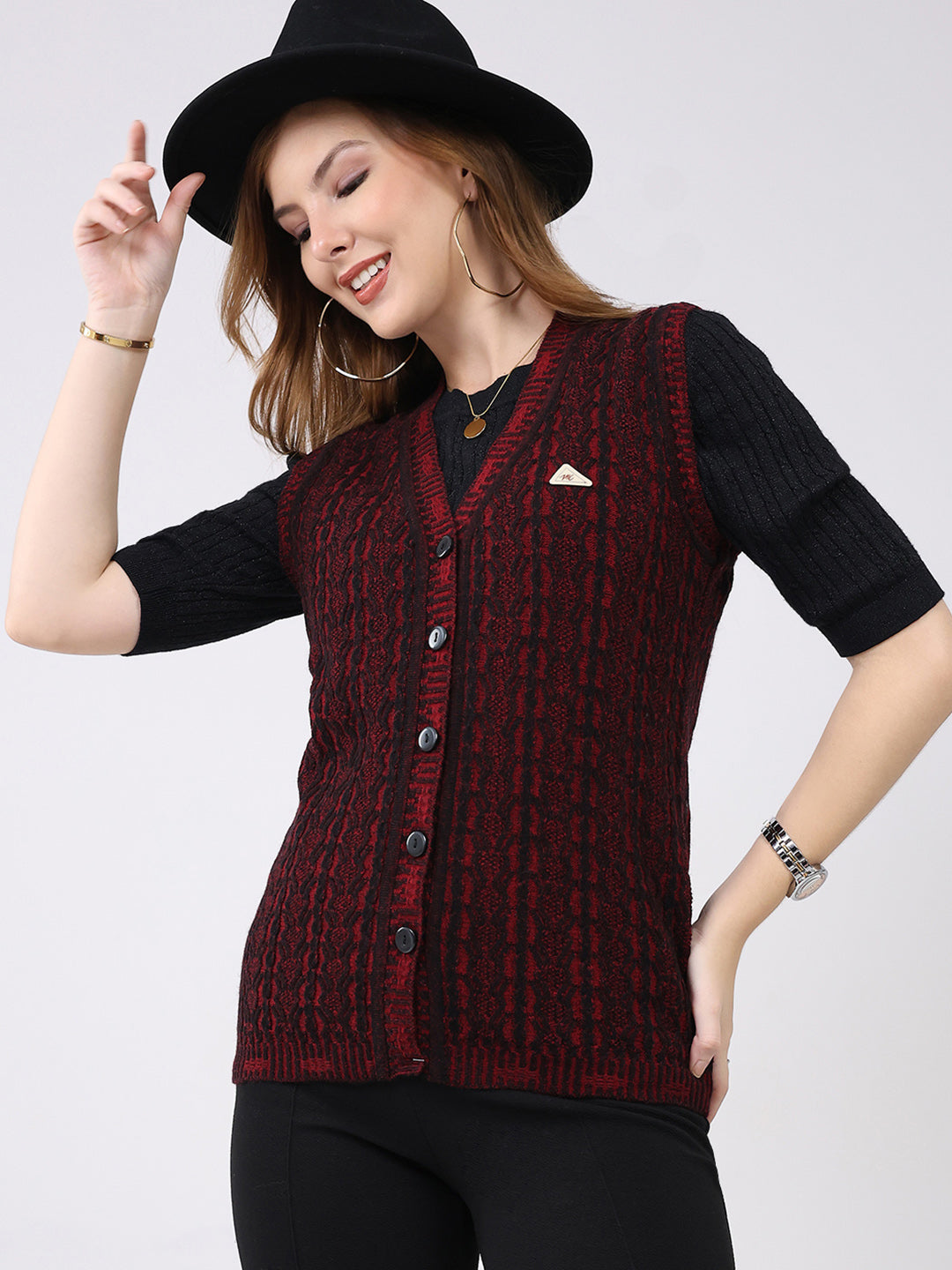 Women Maroon Self Design V Neck Sleeveless Cardigan