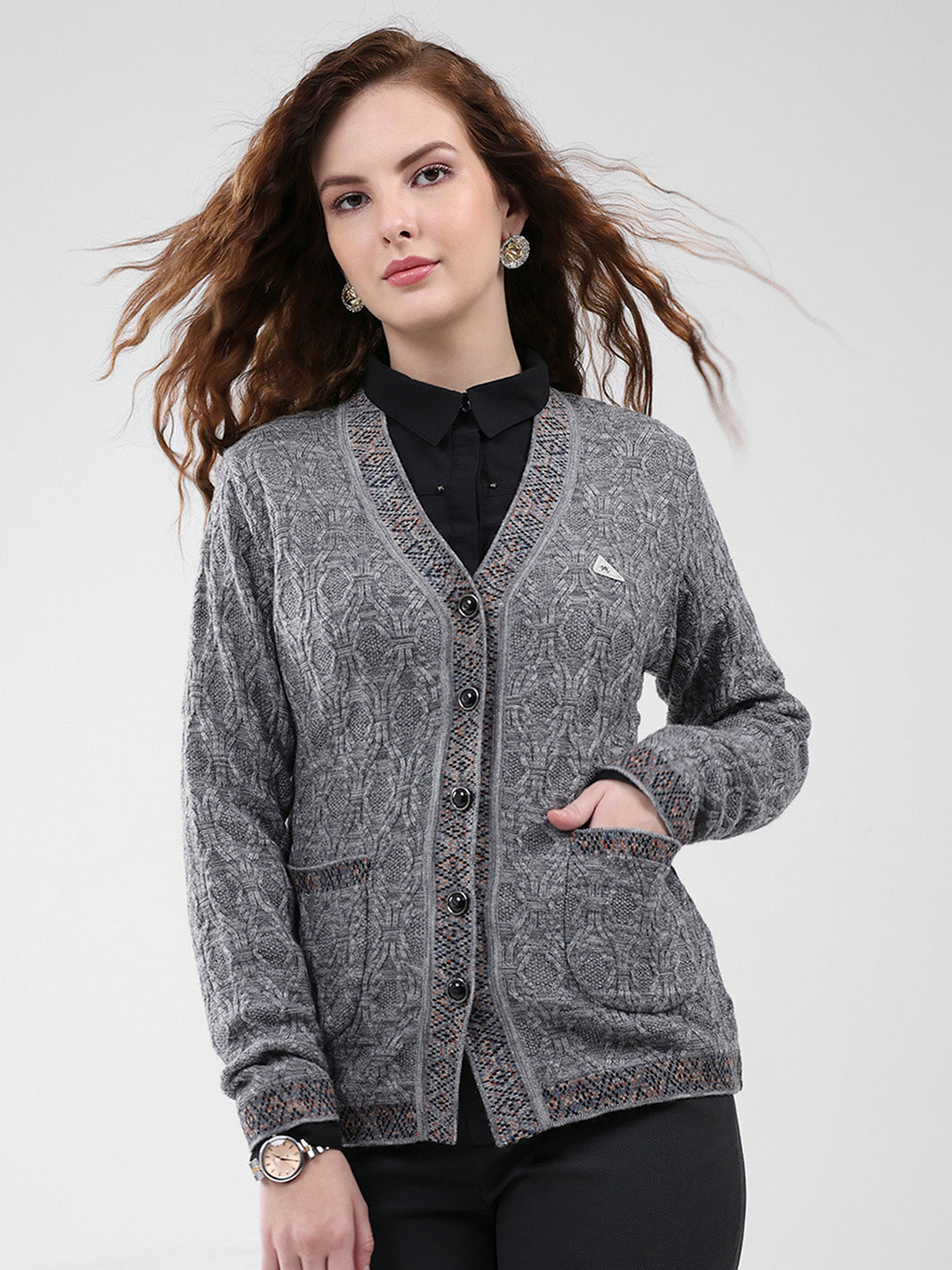 Women Grey Self Design V Neck Full Sleeve Cardigan