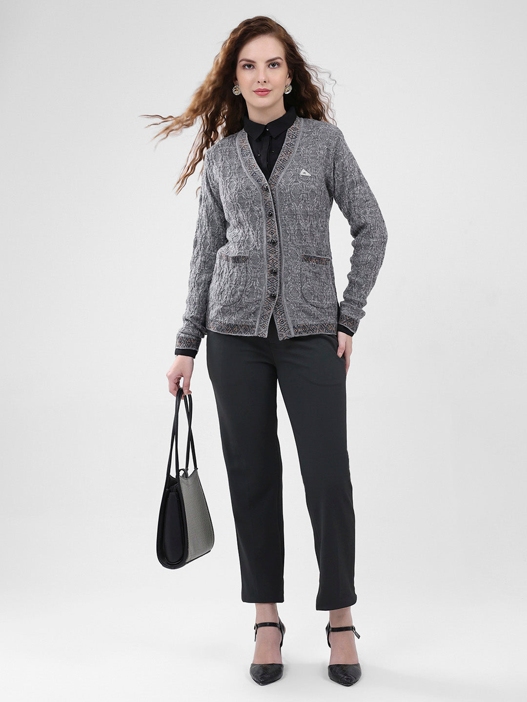 Women Grey Self Design V Neck Full Sleeve Cardigan