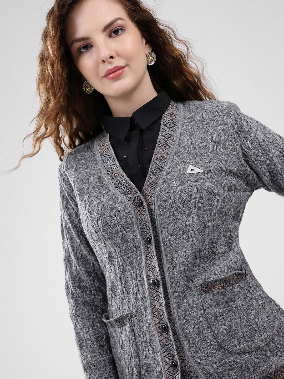 Women Grey Self Design V Neck Full Sleeve Cardigan