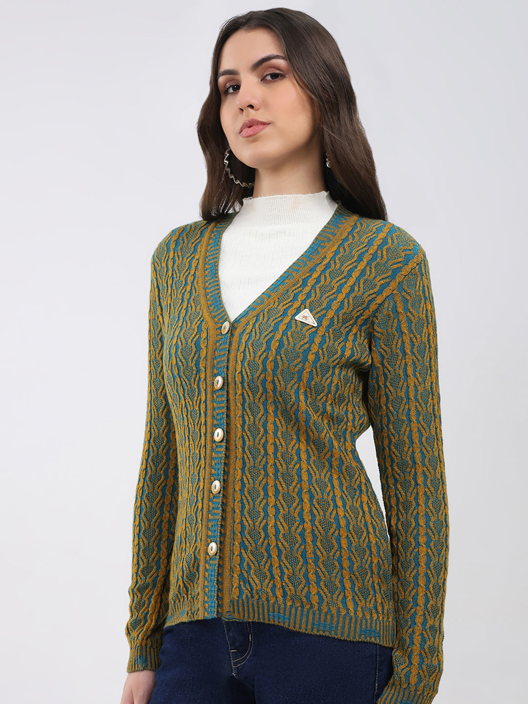 Women Mustard Self Design V Neck Full Sleeve Cardigan