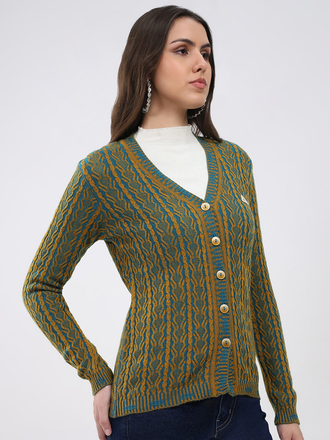 Women Mustard Self Design V Neck Full Sleeve Cardigan