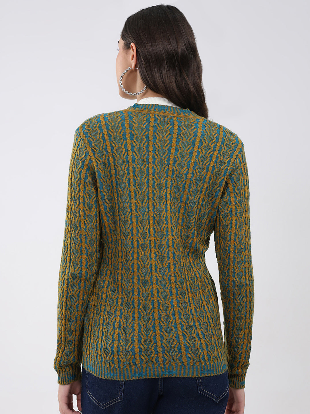 Women Mustard Self Design V Neck Full Sleeve Cardigan