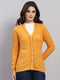 Women Golden Yellow Self Design V Neck Full Sleeve Cardigan