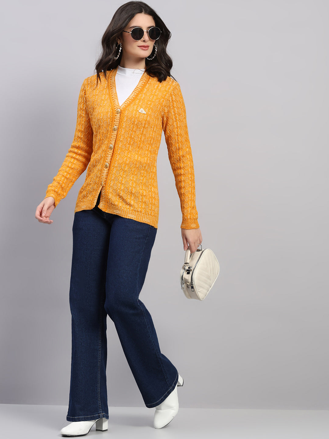 Women Golden Yellow Self Design V Neck Full Sleeve Cardigan