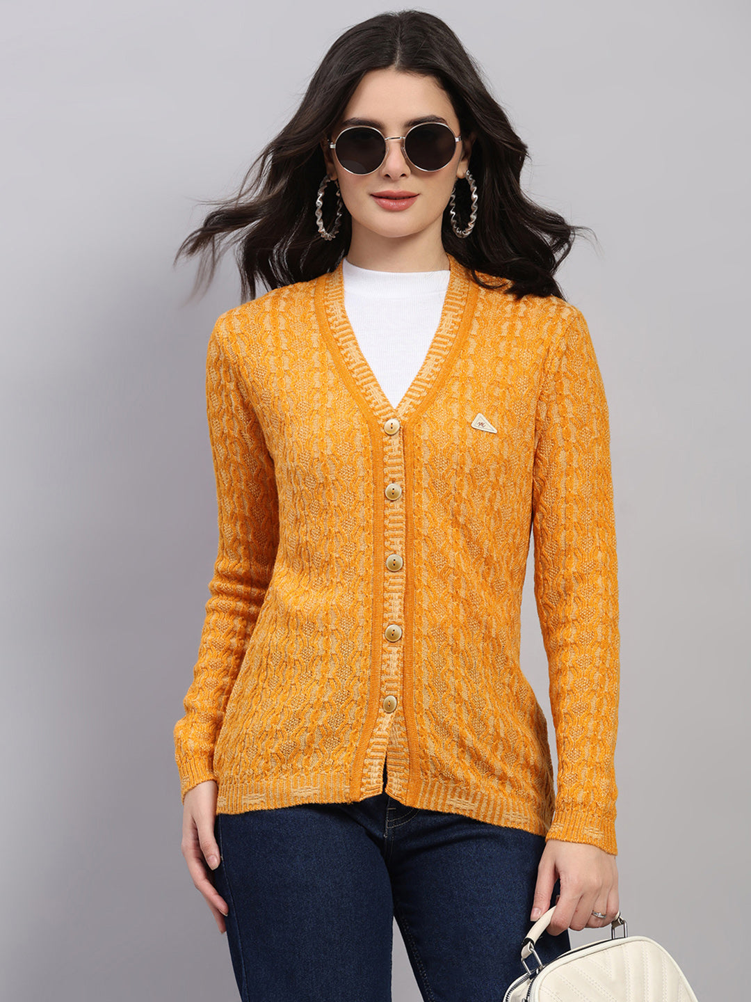 Women Golden Yellow Self Design V Neck Full Sleeve Cardigan