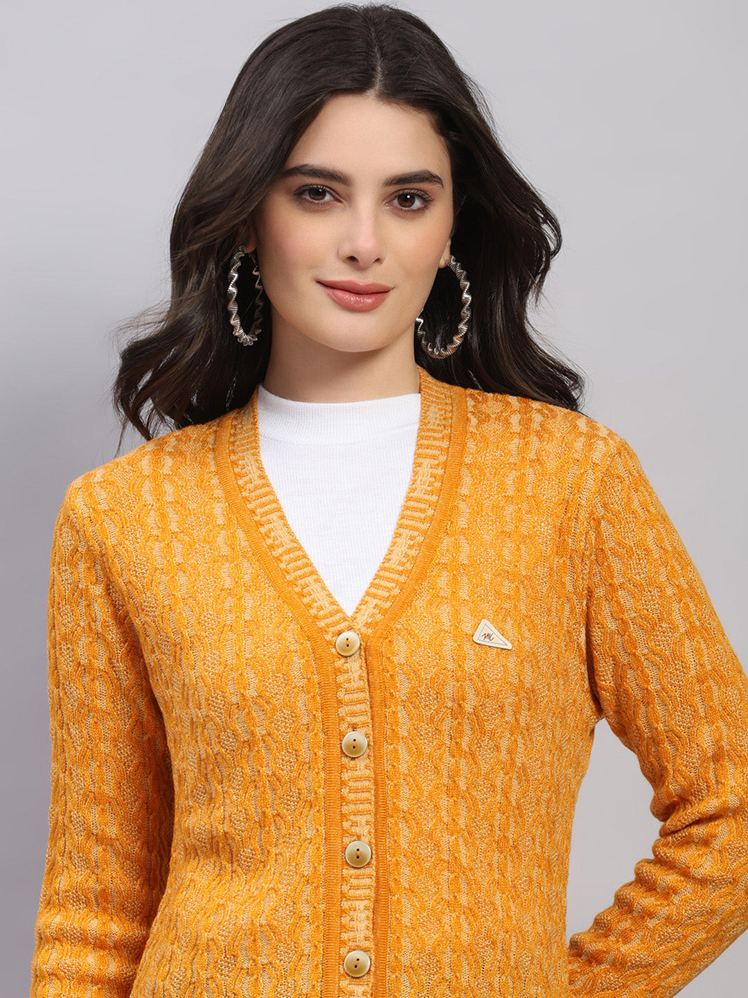 Women Golden Yellow Self Design V Neck Full Sleeve Cardigan