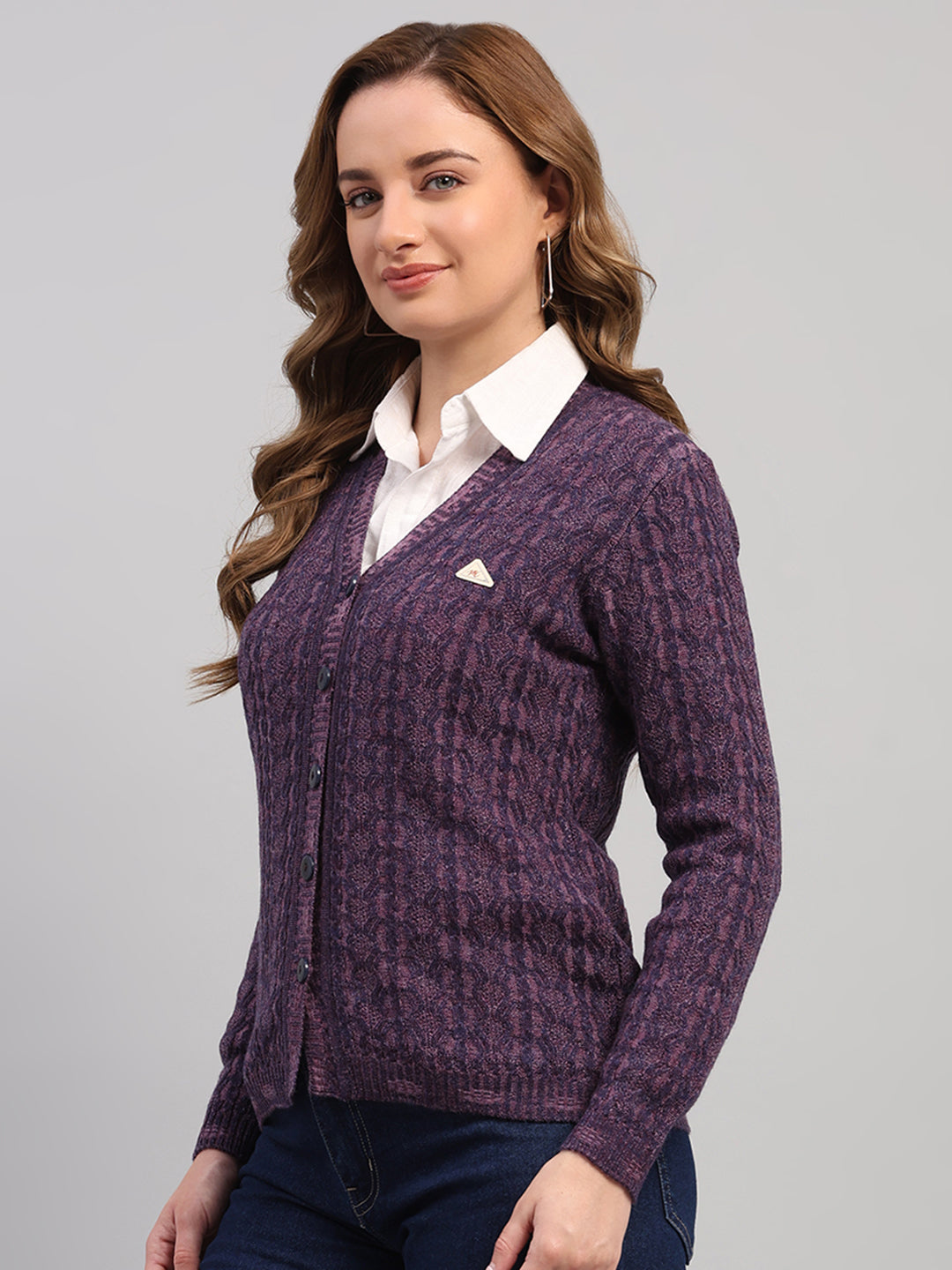 Women Purple Self Design V Neck Full Sleeve Cardigan