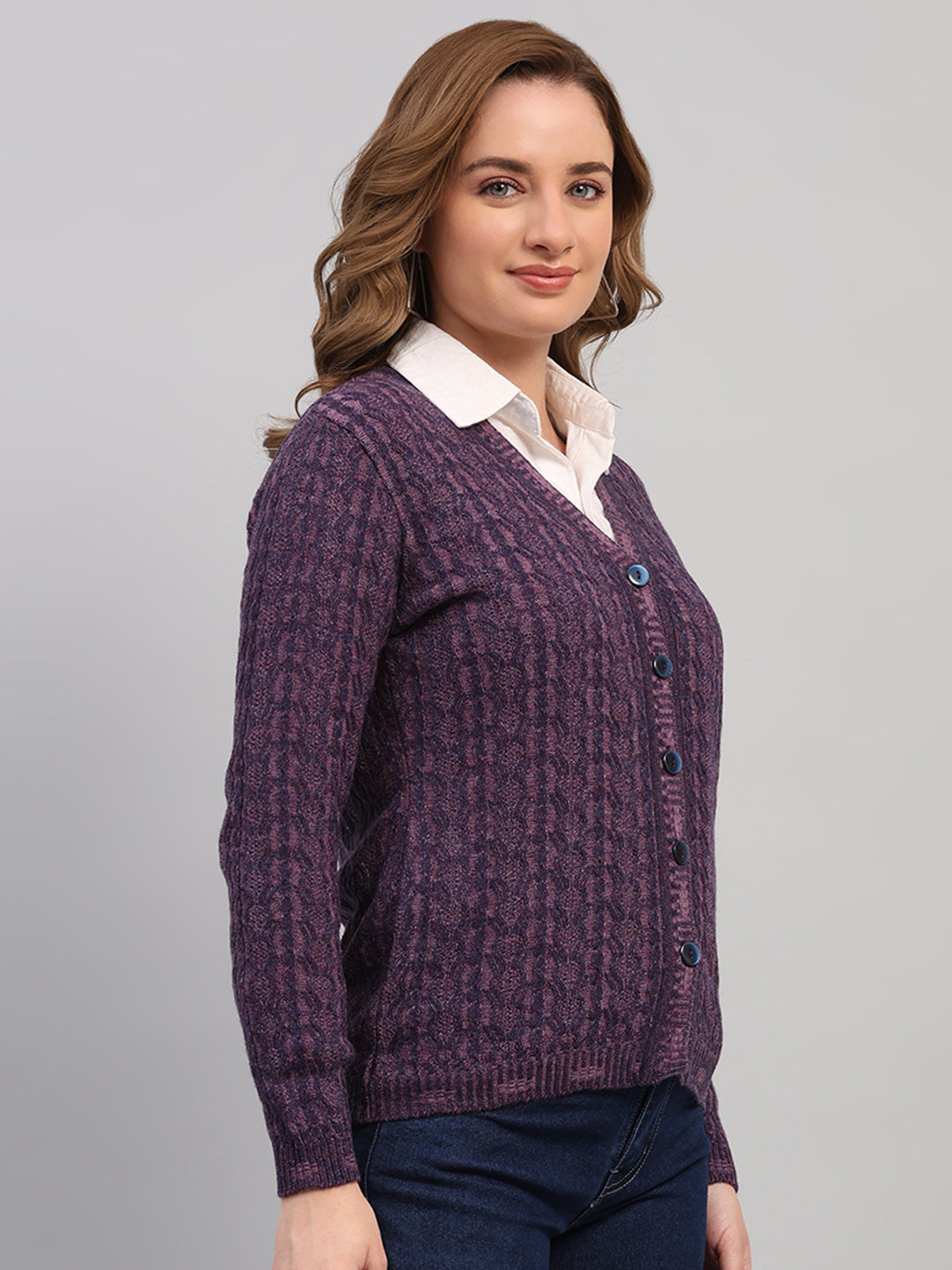 Women Purple Self Design V Neck Full Sleeve Cardigan